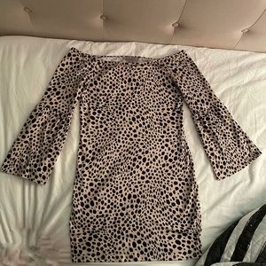 ASOS off the shoulder bodycon mini dress with trumpet sleeve in animal print